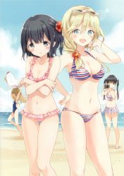 4girls :d absurdres beach bikini bikini_skirt black_eyes black_hair blonde_hair blue_eyes breast_envy breasts camera cleavage competition_school_swimsuit day eyewear_on_head flower frilled_bikini frills hair_flower hair_ornament hand_on_own_hip hibiscus highres long_hair lowleg lowleg_bikini multiple_girls navel o-ring o-ring_bottom o-ring_top one-piece_swimsuit one_eye_closed open_mouth pink_bikini polka_dot polka_dot_bikini polka_dot_swimsuit school!_scoop? school_swimsuit short_hair small_breasts smile striped_bikini striped_clothes sunglasses swimsuit thigh_gap tiv