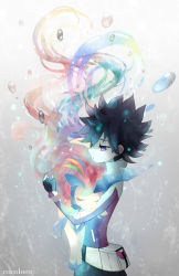 1boy artist_name bag black_gloves black_hair black_pants bubble closed_mouth cocoloco commentary_request cowboy_shot fingerless_gloves gen_5_pokemon gloves holding holding_pokemon hugh_(pokemon) jacket keldeo keldeo_(resolute) legendary_pokemon long_sleeves looking_down mythical_pokemon nintendo pants pokemon pokemon_(creature) pokemon_bw2 satchel spiked_hair watermark