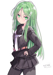 Rule 34 | 1girl, absurdres, green eyes, green hair, hands on own hips, highres, hizaka, kantai collection, long hair, looking at viewer, nagatsuki (kancolle), neckerchief, pantyhose, school uniform, serafuku, sidelocks, skirt, solo, twitter username