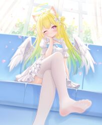 1girl :3 absurdres ahoge angel angel_wings animal_ears arm_support blonde_hair blue_halo bow cat_ears closed_mouth couch crossed_legs double_bun dress falling_petals feathered_wings feet foot_out_of_frame frilled_dress frills from_below gradient_hair green_hair hair_bow hair_bun halo head_tilt heart heart_ahoge highres indoors legs long_hair looking_at_viewer multicolored_hair multicolored_halo no_shoes on_couch one_eye_closed original petals pink_eyes pink_petals smile solo sparkle_hair_ornament thighhighs two-tone_hair very_long_hair white_bow white_dress white_thighhighs white_wings window wings yakitori_mts7 yellow_halo