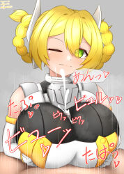 Rule 34 | 1girl, 30 minutes sisters, absurdres, armor, blonde hair, blush, clothed female nude male, clothed paizuri, clothed sex, cum, cum on body, cum on upper body, green eyes, highres, nude, one eye closed, paizuri, sigumaster35, smile, wink, yufia
