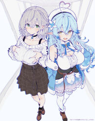 ahoge bare_shoulders blue_hair braid breasts cleavage_cutout clothing_cutout colored_tips elf flower grabbing_own_breast green_eyes grey_hair hair_flower hair_ornament heart heart_ahoge hololive hololive_fantasy looking_at_viewer multicolored_hair nekonui pointy_ears shirogane_noel shirogane_noel_(casual) smile snowflake_choker snowflake_pendant snowflake_print streaked_hair virtual_youtuber yellow_eyes yukihana_lamy
