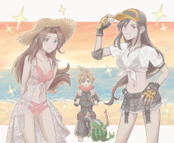 1boy 1other 2girls aerith_gainsborough aerith_gainsborough_(sunny_robe) baseball_cap bikini bikini_under_clothes cloud_strife cloud_strife_(maritime_sailor) costa_del_sol daeee_f denim denim_skirt elbow_pads final_fantasy final_fantasy_vii final_fantasy_vii_ever_crisis food frayed_clothes frayed_skirt fruit hat highres long_hair low-tied_long_hair multiple_girls official_alternate_costume pink_bikini see-through_clothes see-through_shirt shirt single_elbow_pad skirt smile straw_hat swimsuit tifa_lockhart tifa_lockhart_(lifeguard) tonberry watermelon wet wet_clothes wet_shirt whistle whistle_around_neck