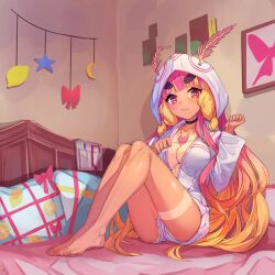 +_+ 1girl antennae arpeggio_kaga arthropod_girl barefoot bed black_choker blonde_hair blunt_bangs blush breasts choker cleavage closed_mouth commentary english_commentary food food_print fruit fruit_print full_body heart heart_necklace highres hood hood_up ichigo_lemonade indie_virtual_youtuber indoors insect_girl jewelry large_breasts lemon lemon_print long_hair moth_antennae moth_girl multicolored_hair necklace on_bed pillow pink_eyes pink_hair second-party_source shiny_skin sitting solo tan tanline thick_eyebrows two-tone_hair virtual_youtuber