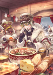 Rule 34 | 1boy, absurdres, black gloves, blue eyes, blush, bowl, bread, brown coat, cat, character request, cheese, closed mouth, coat, commentary, cup, direwolf (armor), eating, felyne, food, fork, fur-trimmed sleeves, fur trim, gloves, green hair, hair between eyes, hat, highres, holding, holding bowl, holding fork, holding spoon, indoors, long sleeves, male focus, meal, meat, monster hunter (character), monster hunter (series), mug, sausage, short hair, smile, spoon, suzaku (zaku6584), white hat