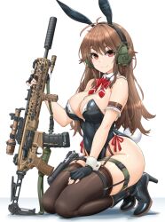 1girl absurdres animal_ears ankle_boots arm_strap belt black_boots black_gloves black_leotard black_thighhighs boots bow bowtie breasts brown_hair buckle cleavage closed_mouth commentary_request fake_animal_ears fake_tail fingerless_gloves gloves gun hand_on_own_thigh handgun headset high_heel_boots high_heels highleg highleg_leotard highres holster kneeling large_breasts leotard long_hair looking_at_viewer microphone mikeran_(mikelan) optical_sight original playboy_bunny rabbit_ears rabbit_tail red_bow red_bowtie red_eyes rifle shoulder_holster side-tie_leotard sig_mcx sig_p220/p226 simple_background smile snap-fit_buckle solo strapless strapless_leotard suppressor tactical_playboy_bunny tail thigh_belt thigh_holster thigh_strap thighhighs weapon white_background white_wrist_cuffs wrist_cuffs