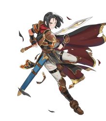 Rule 34 | 1girl, armor, black cape, black eyes, black gloves, black hair, breastplate, cape, clenched teeth, damaged, fingerless gloves, fire emblem, fire emblem: thracia 776, fire emblem heroes, gloves, gold trim, highres, holding, holding sword, holding weapon, machyua (fire emblem), nintendo, non-web source, official art, one eye closed, pelvic curtain, red cape, scabbard, sheath, short hair, shoulder pads, solo, sword, teeth, torn cape, torn clothes, two-sided cape, two-sided fabric, weapon