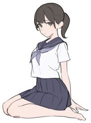 1girl barefoot black_hair blue_necktie blue_sailor_collar blush bow breasts closed_mouth grey_eyes hair_between_eyes highres kashiwa_(iersansi) long_hair looking_at_viewer necktie original pleated_skirt ponytail sailor_collar shirt short_sleeves simple_background skirt smile solo white_background white_shirt