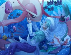 1boy aqua_eyes aqua_hair bubble cape creatures_(company) eye_contact finneon game_freak gen_1_pokemon gen_3_pokemon gen_4_pokemon goldeen hand_on_another&#039;s_cheek hand_on_another&#039;s_face hat looking_at_another luvdisc milotic mudkip nintendo pants parted_lips piplup pokemoa pokemon pokemon_(creature) pokemon_emerald pokemon_rse purple_pants short_hair smile teeth underwater wallace_(pokemon) white_cape white_headwear