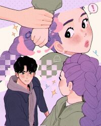 ! 1boy 1girl artist_logo artist_name black_hair blush braid cheumi closed_mouth commentary dutch_braided_ponytail earrings english_commentary eye_contact highres holding_another&#039;s_wrist hood hoodie jewelry jinu_(kpop_demon_hunters) kpop_demon_hunters logo long_hair long_sleeves looking_at_another pompadour purple_hair rumi_(kpop_demon_hunters) short_hair single_braid sparkle speech_bubble upper_body