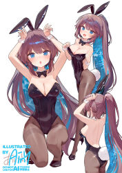 1girl ainy animal_ear_hairband animal_ears artist_name black_bow black_bowtie black_leotard black_pantyhose black_shoes blue_eyes bow bowtie breasts brown_hair colored_inner_hair detached_collar fake_animal_ears full_body hairband high_heels highres leotard medium_breasts multicolored_hair multiple_views original pantyhose patterned_hair playboy_bunny ponytail rabbit_ear_hairband rabbit_ears rabbit_pose rabbit_tail shoes sideboob strapless strapless_leotard tail white_wrist_cuffs wrist_cuffs
