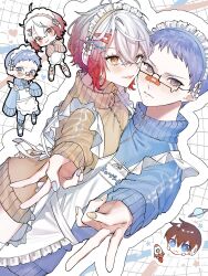1boy 1girl alternate_costume apron blue_eyes blue_hair blue_nails blue_track_suit blush brown_eyes brown_hair chibi enmaided glasses gradient_hair hair_between_eyes hair_ornament hairclip hatsuki heart heart-shaped_pupils highres hubert_ozwell jacket jersey_maid long_sleeves looking_at_viewer maid maid_apron mecha-asbel multicolored_hair name_tag no_pants pascal_(tales) red_hair robot rocket short_hair sleeves_past_fingers sleeves_past_wrists smile sparkling_eyes star_(symbol) symbol-shaped_pupils tales_of_(series) tales_of_graces teardrop-framed_glasses thighhighs track_jacket track_suit two-tone_hair unconventional_maid v white_hair yellow_jacket yellow_nails zettai_ryouiki