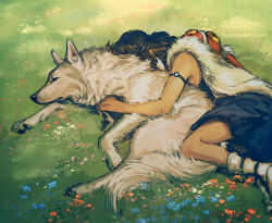 1girl animal animal_hug armlet artist_name blue_skirt cape commentary earrings english_commentary flower fur_cape headband highres hug jewelry lying mask mononoke_hime moro_no_ichizoku on_grass on_side san_(mononoke_hime) skirt sleeping sleeveless studio_ghibli white_cape white_wolf wolf yuumei