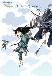 2017 2boys arrow_(projectile) bird black_hair blue_eyes bow_(weapon) braid character_name dated duilin egalmoth elf floating_clothes floating_hair grey_hair hair_ornament long_hair male_focus multiple_boys open_mouth pointy_ears quiver robe the_silmarillion tolkien&#039;s_legendarium weapon windrelyn