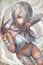 1girl a.k.i._(street_fighter) albino bandaged_arm bandaged_head bandaged_leg bandages bikini claw_(weapon) claw_ring highres looking_at_viewer miche mole mole_under_mouth official_alternate_costume official_alternate_hairstyle red_eyes smile snake solo street_fighter street_fighter_6 swimsuit weapon