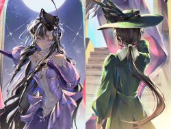 2girls :o absurdres arch black_flower black_hair black_hat bow brown_hair cropped dress facing_away feathers flower from_behind full_moon gloves green_feathers green_hat green_jacket hair_bow hair_flower hair_ornament hand_on_own_chest hands_up hat hat_feather highres isolde_(reverse:1999) jacket jewel_under_eye jewelry juliet_sleeves kakania_(reverse:1999) long_dress long_hair long_sleeves looking_at_another looking_down low_ponytail moon multiple_girls necklace night night_sky ponytail puffy_long_sleeves puffy_sleeves purple_dress purple_eyes purple_flower red_curtains reverse:1999 see-through_clothes see-through_veil sky stairs standing sun_hat upper_body veil very_long_hair volcanoyyy watermark wavy_hair white_gloves yellow_bow