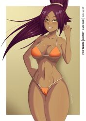1girl 2021 artist_name bare_shoulders bikini bleach border breasts bryaxrt cameltoe cleavage collarbone dark-skinned_female dark_skin fanbox_username female_focus hair_ornament hand_on_own_hip highres large_breasts light_blush long_hair looking_at_viewer micro_bikini navel open_mouth orange_bikini parted_bangs patreon_username ponytail purple_hair shihouin_yoruichi shiny_skin signature simple_background smile standing swimsuit teeth thick_thighs thighs underboob white_border yellow_eyes