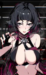 1girl absurdres adapted_costume aer007580 animal_ears bare_shoulders black_gloves black_hair black_necktie blush breasts commentary fingerless_gloves glint gloves gradient_hair green_eyes hand_up heart heart_in_eye highres jane_doe_(zenless_zone_zero) large_breasts looking_at_viewer mouse_ears mouse_girl multicolored_hair nail_polish navel necktie nose_blush parted_lips red_hair red_nails red_necktie sidelocks smile solo streaked_hair symbol_in_eye two-tone_necktie upper_body very_long_fingernails zenless_zone_zero