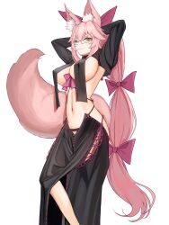 1girl ahoge animal_ear_fluff animal_ears arms_behind_head arms_up black_jacket black_skirt bow breast_curtains breasts cleavage cosplay cropped_jacket dress fate/grand_order fate_(series) fox_ears fox_girl fox_tail glasses hair_between_eyes hair_bow highres jacket kapi-san koyanskaya_(fate) large_breasts long_hair long_skirt long_sleeves looking_at_viewer navel pink_bow pink_hair ponytail ribbon-trimmed_dress ribbon_trim shrug_(clothing) sideboob sidelocks skirt solo tail tamamo_(fate) thighs very_long_hair yellow_eyes yu_mei-ren_(fate) yu_mei-ren_(fate)_(cosplay) yu_mei-ren_(fgo_fes._2022)_(fate)