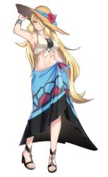 1girl absurdres bikini blonde_hair blue_sarong blush breasts brown_hat closed_mouth commentary crop_top cynthia_(pokemon) cynthia_(summer_2025)_(pokemon) english_commentary flower flower_hat grey_eyes hair_over_one_eye hat hat_flower highres long_hair looking_at_viewer navel nintendo official_alternate_costume pokemon pokemon_masters_ex sarong shirt simple_background smile solo straw_hat succducc888 sun_hat swimsuit tied_shirt very_long_hair white_background