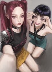 2girls aqua_dress arm_up armpits arms_up black_choker black_hair black_shirt brown_eyes choker couple double_bun dress expressionless friends from_above grey_background hair_bun hair_up happy heart_hands_over_eye highres holding indoors kpop_demon_hunters leaning_forward looking_at_viewer looking_up mira_(kpop_demon_hunters) multiple_girls parted_bangs pink_lips pov red_hair seiza shirt short_bangs short_sleeves sitting skirt smile squatting teeth thick_lips thighs twintails whoisluvme yellow_skirt zoey_(kpop_demon_hunters)