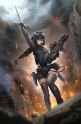 1girl absurdres ammunition_pouch belt black_eyes black_hair black_thighhighs breasts bulletproof_vest cameltoe commission covered_navel cropped_jacket enpera_(jdud8375) full_body goggles goggles_on_head gun handgun headphones highres holding holding_gun holding_weapon jacket leotard long_hair looking_to_the_side medium_breasts microphone midriff_peek open_mouth original pixiv_commission pouch shorts skindentation solo standing thigh_gap thighhighs very_long_hair weapon