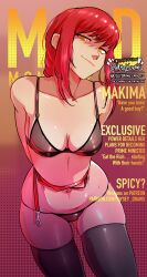 1girl absurdres arms_behind_back black_bra black_panties black_thighhighs bra breasts chainsaw_man character_name closed_mouth commentary english_commentary english_text haysey highres looking_at_viewer makima_(chainsaw_man) panties red_hair sidelocks small_breasts solo thighhighs underwear yellow_eyes