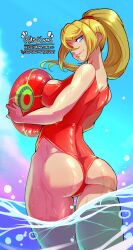 absurdres alternate_costume artist_name ass ball beachball blonde_hair blue_eyes blue_sky breast_press breasts closed_mouth cloud day haysey high_ponytail highres holding holding_ball holding_beachball lips long_hair looking_at_viewer looking_back medium_breasts metroid mole mole_under_mouth nintendo one-piece_swimsuit outdoors ponytail red_one-piece_swimsuit samus_aran sky swimsuit wading water wet