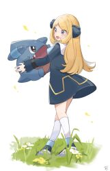 1girl :d absurdres aged_down black_dress black_footwear black_ribbon blonde_hair commentary_request creatures_(company) cynthia_(pokemon) dress eyelashes game_freak gen_4_pokemon gible grass grey_eyes hair_ribbon highres holding holding_pokemon long_hair long_sleeves nintendo open_mouth pokemon pokemon_(anime) pokemon_(creature) pokemon_journeys ribbon ririmon shoes smile socks standing tongue white_background white_socks