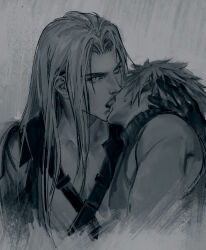 2boys chest_strap chinese_commentary cloud_strife coat commentary_request cropped_torso final_fantasy final_fantasy_vii french_kiss gloves greyscale hand_in_another&#039;s_hair high_collar kiss long_bangs long_hair looking_at_viewer luluzhang998873 male_focus monochrome multiple_boys parted_bangs sephiroth short_hair sleeveless sleeveless_sweater sleeveless_turtleneck slit_pupils spiked_hair sweatdrop sweater turtleneck turtleneck_sweater upper_body yaoi