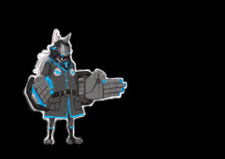 1girl and_uge armored_boots belt black_background black_belt black_boots black_coat black_pants blue_eyes boots buttons coat commentary_request cosplay full_body gauntlets guilty_gear helmet highres long_hair long_sleeves mumeitarou nanashi_inc. pants potemkin_(guilty_gear) potemkin_(guilty_gear)_(cosplay) screw simple_background solo standing virtual_youtuber white_hair