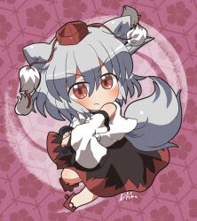 1girl animal_ears bare_shoulders black_skirt blush closed_mouth commentary_request detached_sleeves floral_background frown full_body geta grey_hair hair_between_eyes hat holding holding_sword holding_weapon inubashiri_momiji pink_background pom_pom_(clothes) red_eyes red_footwear red_hat red_skirt rokugou_daisuke shirt short_hair signature skirt sleeveless sleeveless_shirt solo sword tail tokin_hat touhou two-tone_skirt v-shaped_eyebrows weapon white_shirt white_sleeves wolf_ears wolf_girl wolf_tail