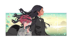 2girls amate_yuzuriha aqua_eyes black_dress black_hair black_necktie dark-skinned_female dark_skin dress fake_screenshot floating_hair green_eyes gundam gundam_gquuuuuux horizon lalah_sune long_hair long_sleeves multiple_girls necktie petals red_hair short_hair spoilers starshadowmagician upper_body wind