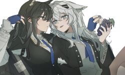 2girls animal_ears arknights arm_around_neck black_hair black_jacket blue_gloves blue_necktie bottle collared_shirt commentary fang fingerless_gloves food fruit gloves grapes grey_eyes highres holding jacket lappland_(arknights) long_hair multiple_girls necktie open_mouth orange_eyes parted_lips seri_(vyrlw) shirt simple_background slit_pupils smile texas_(arknights) white_background white_hair white_shirt wine_bottle wolf_ears yuri