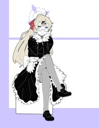 Rule 34 | 1girl, ahoge, alternate costume, apron, black-framed eyewear, black dress, black shoes, blonde hair, blue archive, blue eyes, closed mouth, crossed legs, dress, enmaided, frilled apron, frilled dress, frills, full body, glasses, hair ornament, hands up, head rest, highres, koruhiraystt, kotama (blue archive), loafers, long hair, long sleeves, looking at viewer, maid, ponytail, purple background, semi-rimless eyewear, shoes, sitting, smile, solo, two-tone background, under-rim eyewear, waist apron, white background, x hair ornament