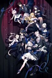 3boys 6+girls :d ahoge alternate_costume animal_ears arlecchino_(genshin_impact) ascot bare_shoulders black_hair black_hat blonde_hair blue_eyes bow cat_ears cat_girl cat_tail clorinde_(genshin_impact) confetti dress frilled_dress frilled_sleeves frills furina_(genshin_impact) genshin_impact grey_hair hat heterochromia highres long_hair lynette_(genshin_impact) lyney_(genshin_impact) multiple_boys multiple_girls navia_(genshin_impact) neuvillette_(genshin_impact) open_mouth pointy_ears ponytail purple_eyes purple_hair red_eyes ribbon short_hair sigewinne_(genshin_impact) smile spotlight streamers symbol-shaped_pupils tail top_hat uxien white_ascot white_dress wriothesley_(genshin_impact) x-shaped_pupils