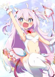 +_+ 1girl :d absurdres ahoge arm_up armpits blue_eyes blush bow bowtie breasts brooch center_opening chromatic_aberration cleavage clothing_cutout commission demon_tail fang gloves hair_between_eyes hair_ornament heart highres jewelry leotard long_hair looking_at_viewer magical_girl navel navel_cutout open_mouth original pink_bow pink_bowtie pink_hair shiro9jira shoes short_eyebrows showgirl_skirt skeb_commission sleeveless small_breasts smile solo sparkle standing standing_on_one_leg symbol-shaped_pupils tail thick_eyebrows thighhighs two_side_up very_long_hair waving white_gloves white_leotard white_thighhighs