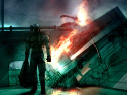 Rule 34 | 1boy, bag, bridge, bryan fury, car, faceless, fire, game cg, gloves, grey hair, holding, holding bag, kawano takuji, male focus, motor vehicle, muscular, muscular male, official art, rubble, scar, scar across eye, scar on face, solo, tekken, tekken 4, truck, white hair, wreckage