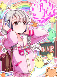 1girl absurdres adjusting_headphones baby_animal bag bird blue_bow blush book bookshelf bow bowtie braid braided_bangs breasts brown_bag brown_eyes c: cardigan character_name chick collarbone commentary grey_hair hair_bow halftone halftone_background hands_on_headphones hands_on_own_head headphones heart highres hisakawa_nagi idolmaster idolmaster_cinderella_girls light_blush light_smile long_sleeves looking_at_viewer low_twin_braids outline pink_bow pink_bowtie pink_cardigan pink_outline pink_serafuku pink_shirt piriri_(piriri502) plaid_clothes plaid_skirt rainbow sailor_collar school_bag school_uniform serafuku shirt sign skirt small_breasts smile solo star_(symbol) twin_braids white_outline white_sailor_collar