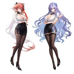 2girls absurdres ahoge alternate_costume arm_under_breasts bad_id bad_twitter_id black_collar black_pantyhose black_shoes black_skirt black_thighhighs blue_eyes blue_flower body_markings braid breasts cantarella_(wuthering_waves) changli_(wuthering_waves) chirang cleavage closed_mouth collar collared_shirt colored_extremities commentary_request earrings facial_mark feather_hair flower hair_between_eyes hair_extensions hair_flower hair_intakes hair_ornament hand_up high_heels highres jewelry korean_commentary large_breasts long_hair looking_at_viewer mark_under_eye merchandise_available multicolored_hair multiple_girls pantyhose parted_lips pink_hair purple_hair red_hands ring_hair_extensions shirt shoes skirt smile taut_clothes taut_skirt thighband_pantyhose thighhighs thighs twin_braids two-tone_hair very_long_hair white_hair white_shirt wuthering_waves yellow_eyes