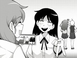 4girls :d ^_^ ahoge blush bocchi_the_rock! breast_pocket cellphone chib0b closed_eyes collared_shirt crossover dress_shirt facing_away from_behind full_body futsuu_no_keion-bu greyscale gyaru_v hand_on_own_hip hashtag-only_commentary hatono_chihiro holding holding_phone ijichi_nijika instrument_connection kita_ikuyo long_hair medium_hair monochrome multiple_girls neck_ribbon one_side_up open_mouth phone pleated_skirt pocket ribbon school_uniform selfie_stick shirt shoes short_sleeves side_ponytail sideways_mouth skirt smartphone smile socks standing sweat sweater_vest taking_picture trait_connection uchida_momo upper_body v