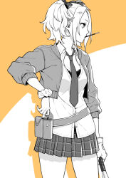 1girl baseball_bat belt belt_pouch bow bra bra_peek breasts collared_shirt cowboy_shot cropped_jacket dead_days food food_in_mouth greyscale_with_colored_background hair_bow holding holding_baseball_bat holding_food holding_pocky ito_fumi jacket looking_to_the_side medium_breasts miniskirt mitsumine_aira mouth_hold multiple_hair_bows necktie open_clothes open_jacket orange_background partially_unbuttoned plaid_clothes plaid_skirt pleated_skirt pocky pocky_in_mouth pouch profile school_uniform scrunchie shadow shirt short_hair short_twintails simple_background skirt solo standing three-quarter_sleeves twintails two-tone_background underwear wrist_scrunchie