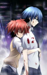 2girls akuma_no_riddle azuma_tokaku bad_id bad_pixiv_id blood blood_on_clothes blood_on_face blue_eyes blue_hair blue_necktie blue_skirt bow breasts cleavage from_side hair_bow highres holding holding_weapon hug hug_from_behind ichinose_haru kago-tan long_hair looking_down multiple_girls necktie parted_lips pleated_skirt red_hair shirt short_hair short_sleeves short_twintails skirt standing sweater twintails weapon white_shirt yellow_sweater