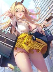 1girl amesuku_gyaru animal_print aviator_sunglasses bag black_bag blonde_hair blue_bow blue_sky bow bra bra_peek bracelet breasts building cellphone choker clothes_around_waist coin dambang eyewear_hang fang goddess_of_victory:_nikke gold_nails gold_panties green_eyes gyaru hair_ornament hairclip highres jacket jacket_around_waist jewelry kogal large_breasts leopard_print long_hair multiple_bracelets necklace onee_gyaru panties panty_peek phone rabbit_hair_ornament rupee_(nikke) shirt shopping_bag skirt sky smartphone solo striped_clothes striped_shirt sunglasses thick_thighs thighs underwear unworn_eyewear victory_pose