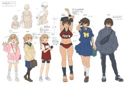 2girls :d bandaid bandaid_on_cheek bandaid_on_face bandaid_on_knee bandaid_on_leg bike_shorts blonde_hair blue_eyes blue_sailor_collar blue_serafuku blue_skirt blue_socks bow bowtie breasts brown_hair buruma reference_sheet dark-skinned_female dark_skin fanny_pack full_body gym_uniform height_difference highres holding_hands jacket kei_(m_k) large_breasts loafers m_k multiple_girls open_mouth original pants pink_bow pleated_skirt ponytail rika_(m_k) sailor_collar school_uniform serafuku shoes skirt smile sneakers socks sportswear standing striped_clothes striped_socks tall_female tomboy track_uniform translation_request twintails white_socks yellow_bow yellow_bowtie