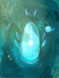 1girl bo_(bouillustration) creatures_(company) evolutionary_line flippers from_above full_body game_freak gen_3_pokemon highres medium_hair nintendo outdoors partially_submerged pokemon pokemon_(creature) pokemon_focus sunlight swimming twitter_username wailmer wailord water