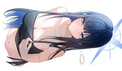 ... black_camisole blue_archive blue_eyes blue_halo camisole choi2494 colored_inner_hair hair_down halo highres long_hair multicolored_hair navel official_alternate_costume saori_(blue_archive) saori_(swimsuit)_(blue_archive) simple_background speech_bubble white_background
