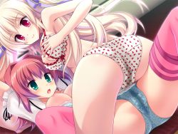 2girls blonde_hair class_zenin_maji_de_yuri?! game_cg girl_on_top hatsuse_akira heart heart_panties heart_print long_hair mbs_truth multiple_girls ogawa_masami panties print_panties red_hair smile underwear wet_clothes wet_panties yuri