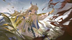 1girl absurdres arknights belt blonde_hair blue_eyes cloud cowboy_shot day gloves hair_between_eyes hair_ornament hair_stick highres horns jacket jewelry long_hair long_sleeves looking_afar necklace off-shoulder_shirt off_shoulder open_hand outdoors parted_lips rice_(plant) shirt shu_(arknights) solo very_long_hair white_belt yellow_gloves yipei