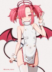 1girl bare_shoulders bat_wings breasts commentary_request fingernails forehead grey_background hat heart heart-shaped_pupils looking_at_viewer marota nurse_cap original pointy_ears polka_dot polka_dot_background red_eyes red_nails shirt sleeveless sleeveless_shirt small_breasts smile solo symbol-shaped_pupils thighhighs v white_shirt white_thighhighs wings
